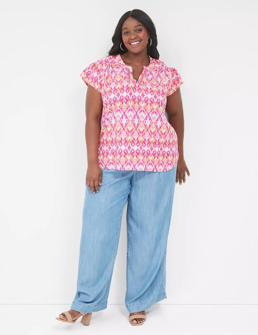 Women Lane Bryant Relaxed Notch-Neck Woven & Knit Top T Shirts Pink | IZF8398RD