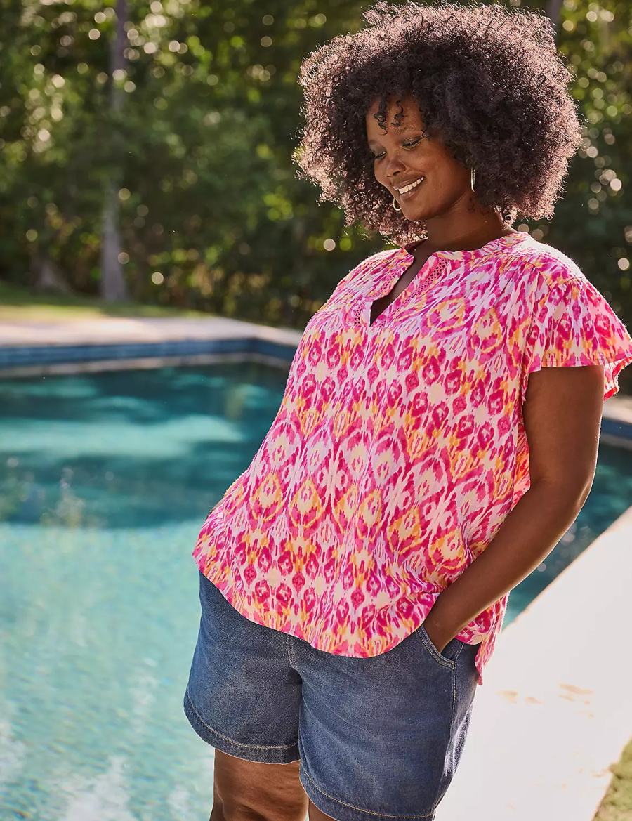 Women Lane Bryant Relaxed Notch-Neck Woven & Knit Top T Shirts Pink | IZF8398RD