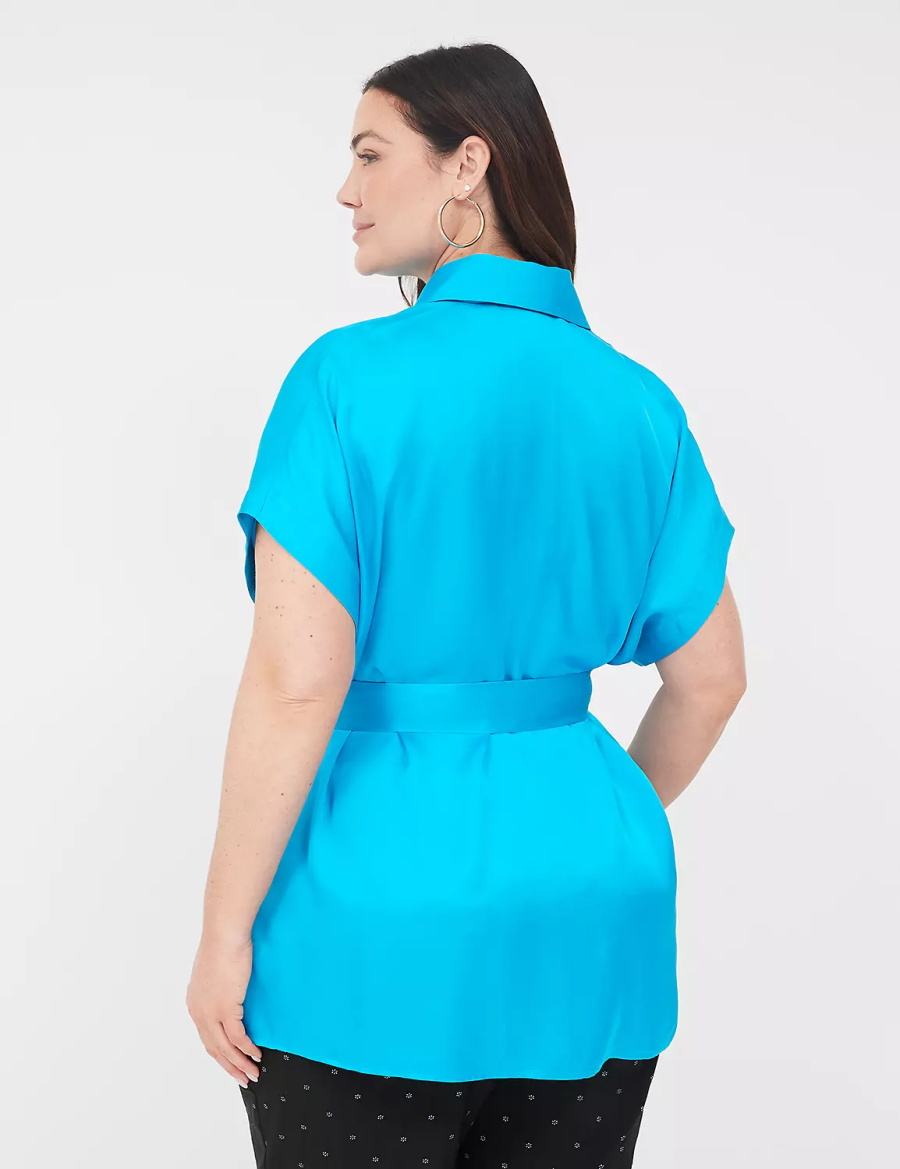 Women Lane Bryant Relaxed Satin Dolman-Sleeve Button-Front Tunic Shirts Blue | MSB620WJ