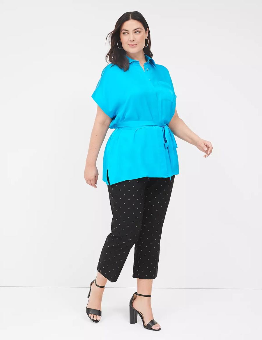 Women Lane Bryant Relaxed Satin Dolman-Sleeve Button-Front Tunic Shirts Blue | MSB620WJ