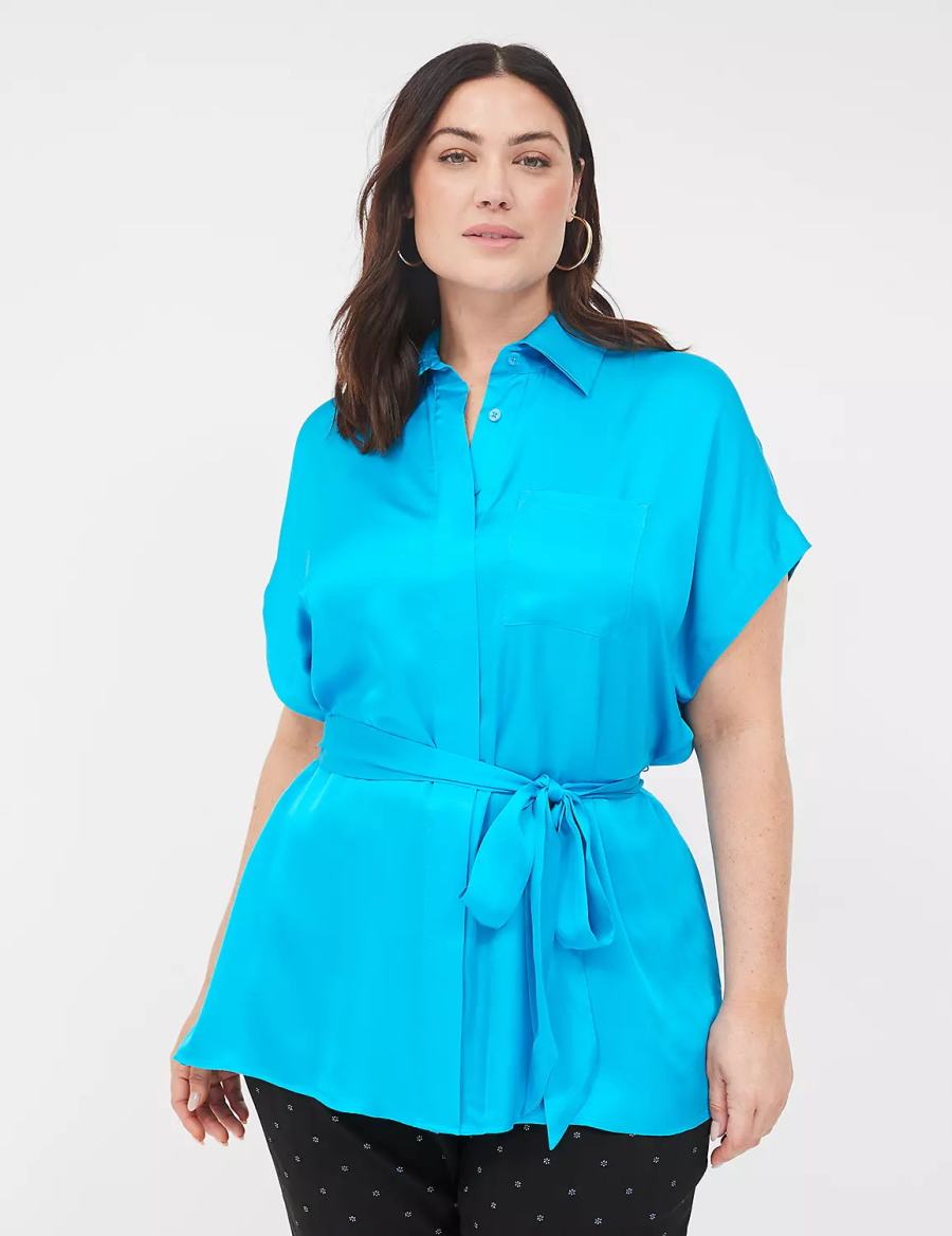 Women Lane Bryant Relaxed Satin Dolman-Sleeve Button-Front Tunic Shirts Blue | MSB620WJ
