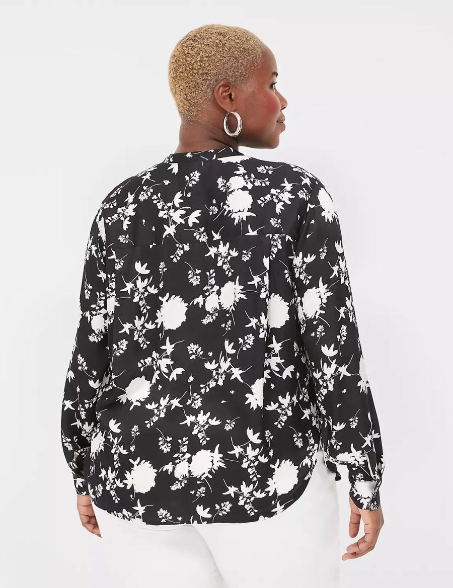 Women Lane Bryant Relaxed Satin Split-Neck Popover Shirts Black | PWY5524JG