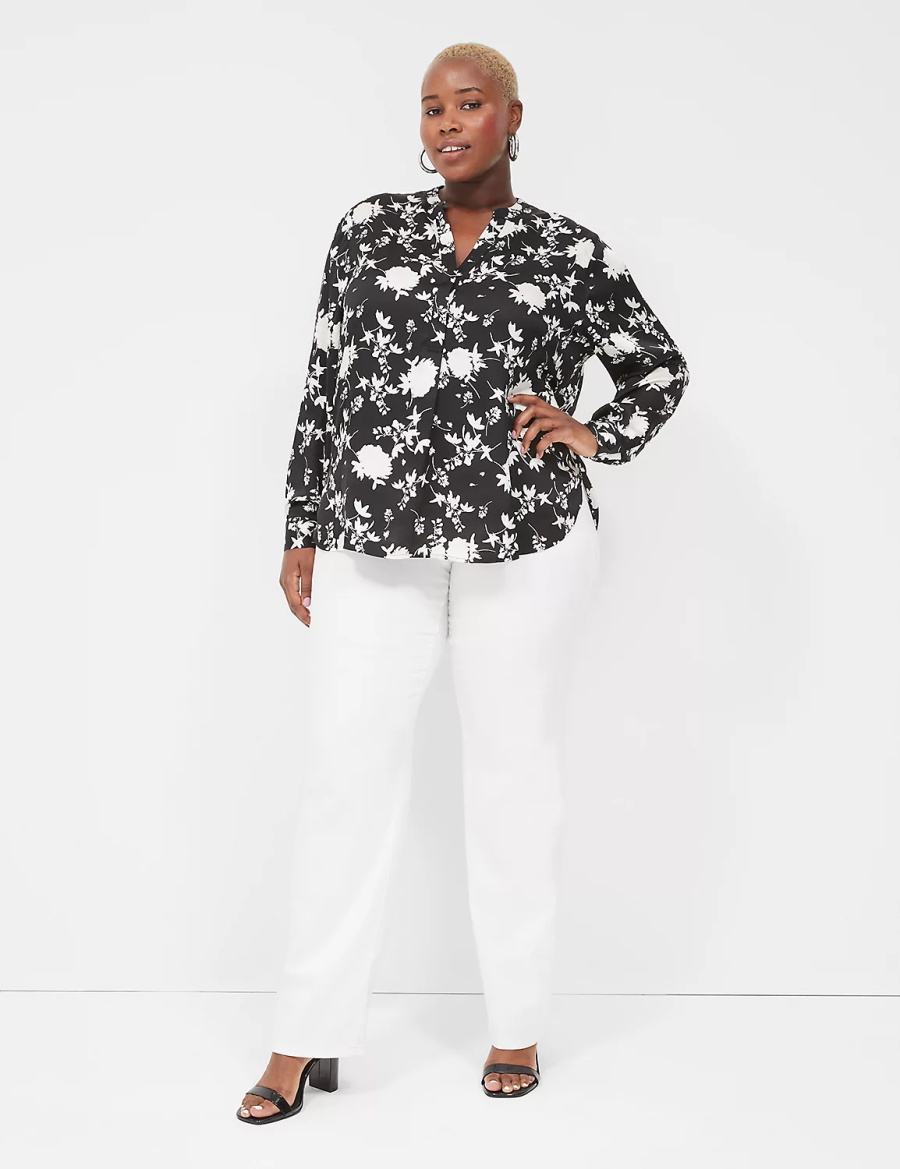 Women Lane Bryant Relaxed Satin Split-Neck Popover Shirts Black | PWY5524JG