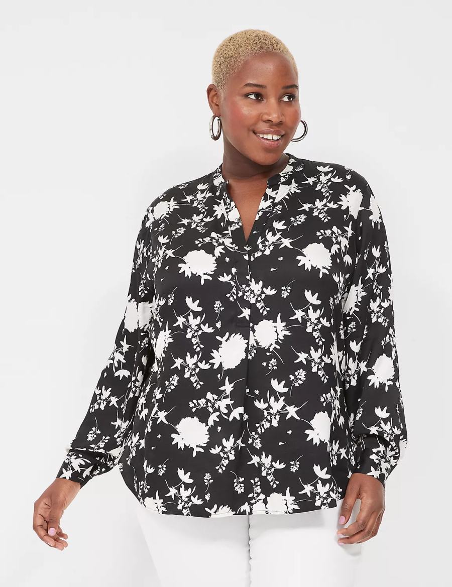 Women Lane Bryant Relaxed Satin Split-Neck Popover Shirts Black | PWY5524JG