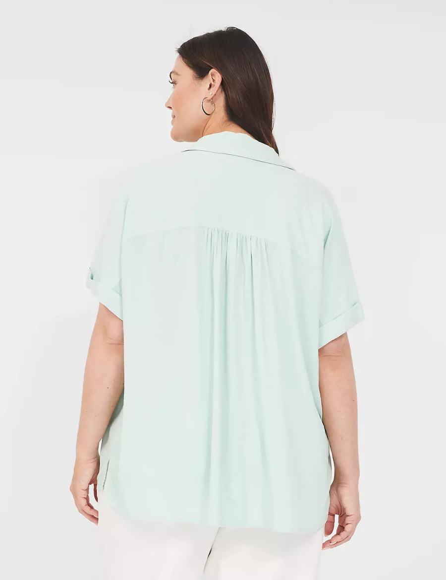 Women Lane Bryant Relaxed Short-Sleeve Button-Front Shirts Blue | GZC29JT