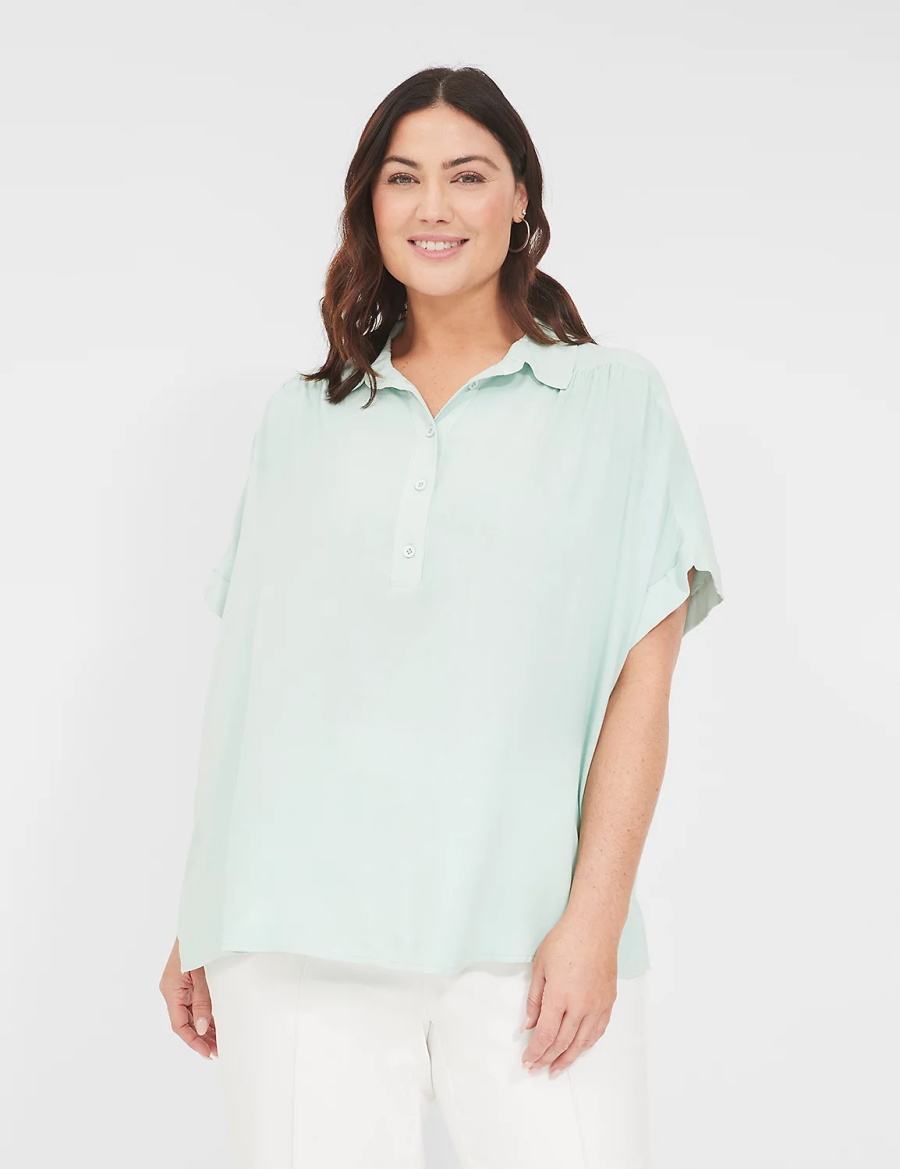 Women Lane Bryant Relaxed Short-Sleeve Button-Front Shirts Blue | GZC29JT