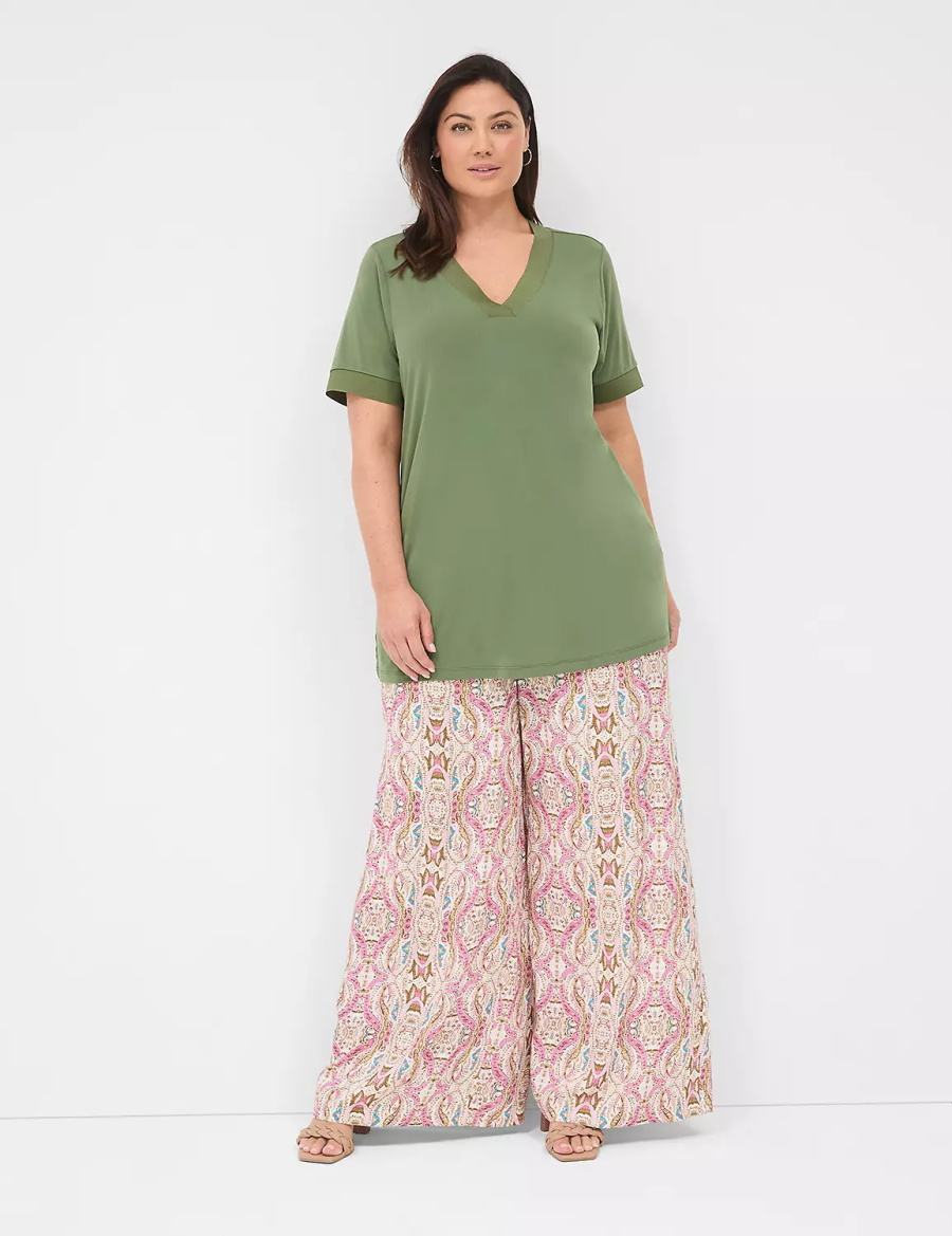 Women Lane Bryant Relaxed Short-Sleeve V-Neck Top T Shirts Brown Green | DLV999QC