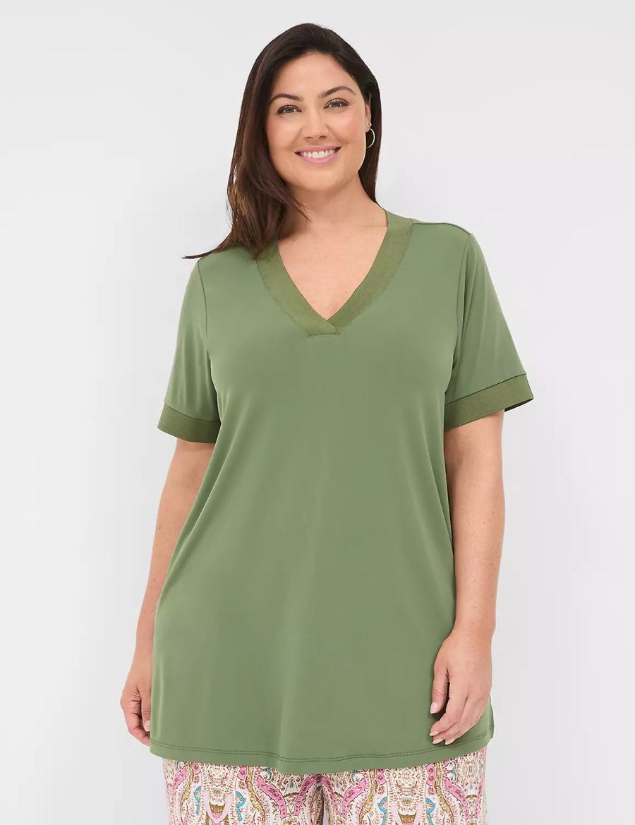 Women Lane Bryant Relaxed Short-Sleeve V-Neck Top T Shirts Brown Green | DLV999QC