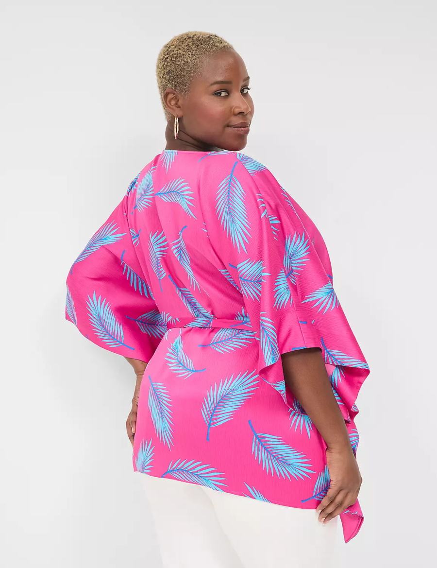 Women Lane Bryant Relaxed Split-Neck Kimono Top Blouse Pink Blue | VQJ6361ME