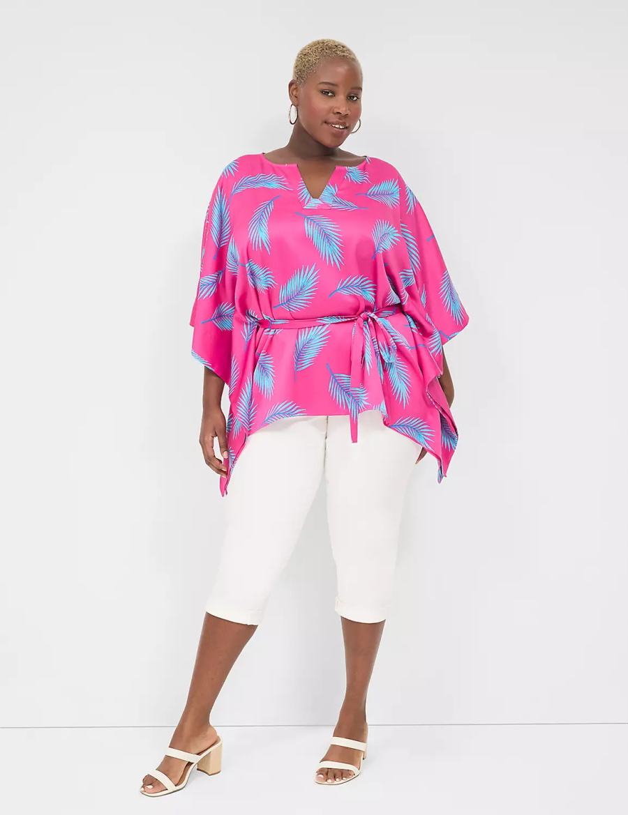 Women Lane Bryant Relaxed Split-Neck Kimono Top Blouse Pink Blue | VQJ6361ME