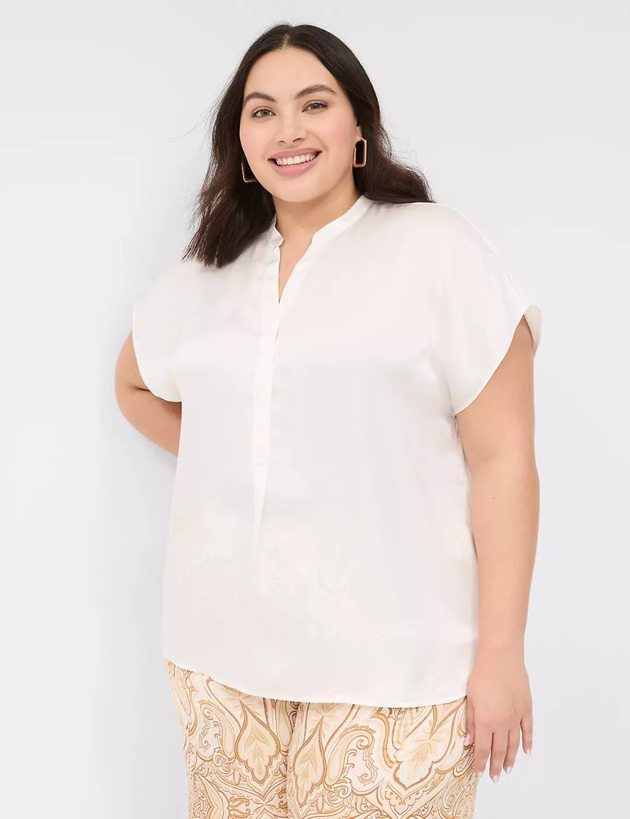 Women Lane Bryant Relaxed Split-Neck Popover Blouse White Rose | KLV5879PW
