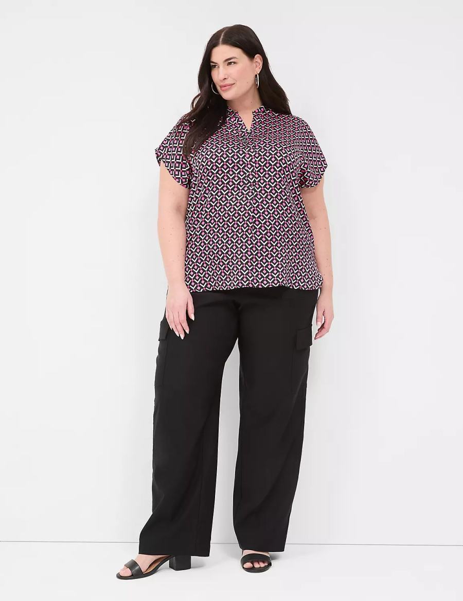 Women Lane Bryant Relaxed Split-Neck Popover Blouse Pink Black | NVB6950HF