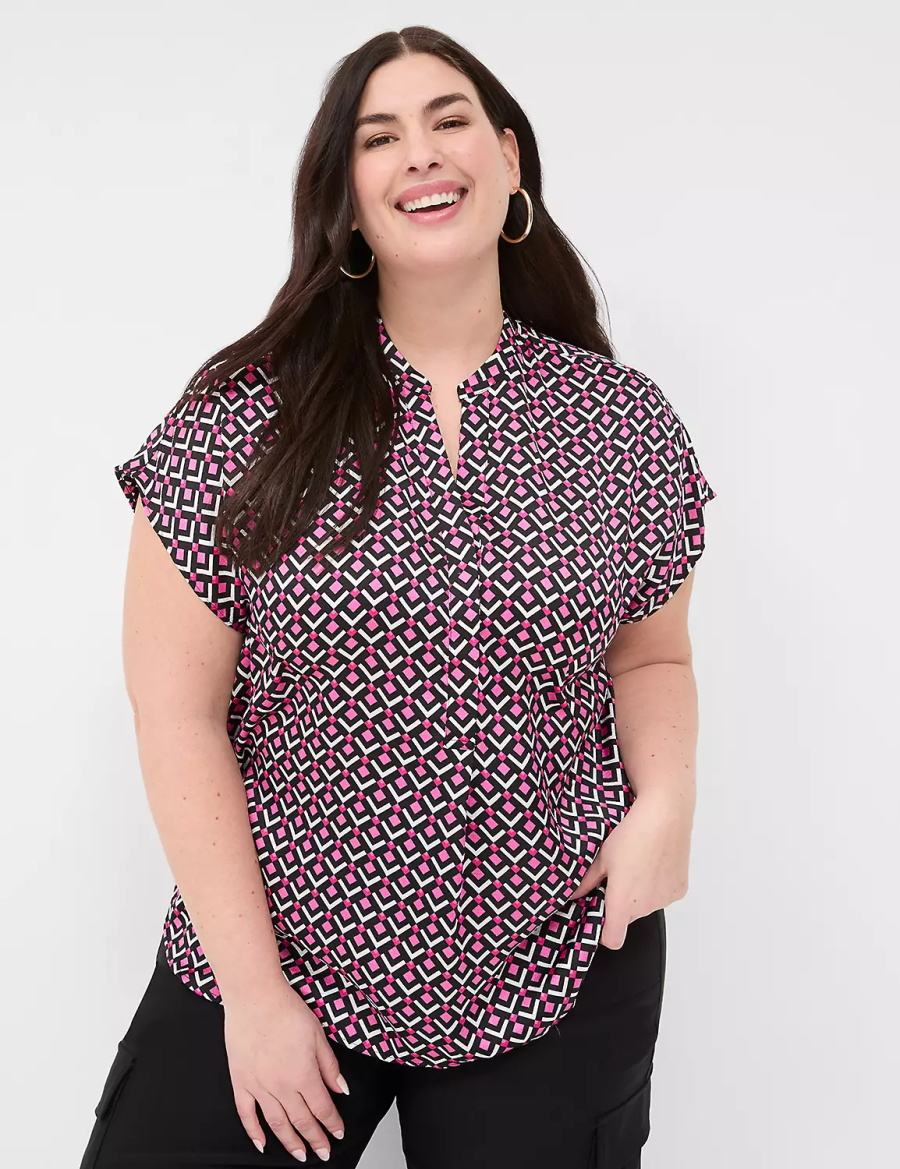 Women Lane Bryant Relaxed Split-Neck Popover Blouse Pink Black | NVB6950HF