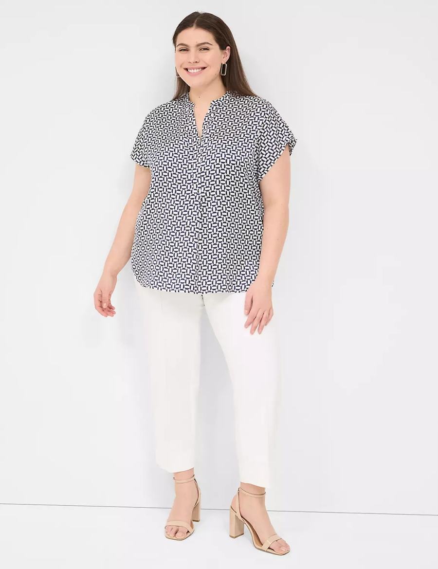 Women Lane Bryant Relaxed Split-Neck Popover Blouse Navy | RTP6941XM