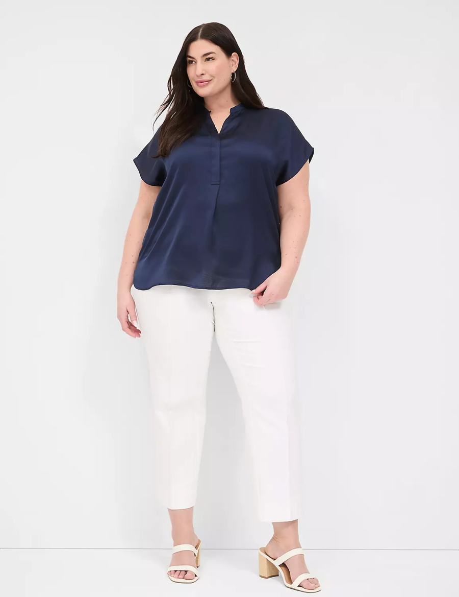 Women Lane Bryant Relaxed Split-Neck Popover Blouse Blue | ZTI6487MT