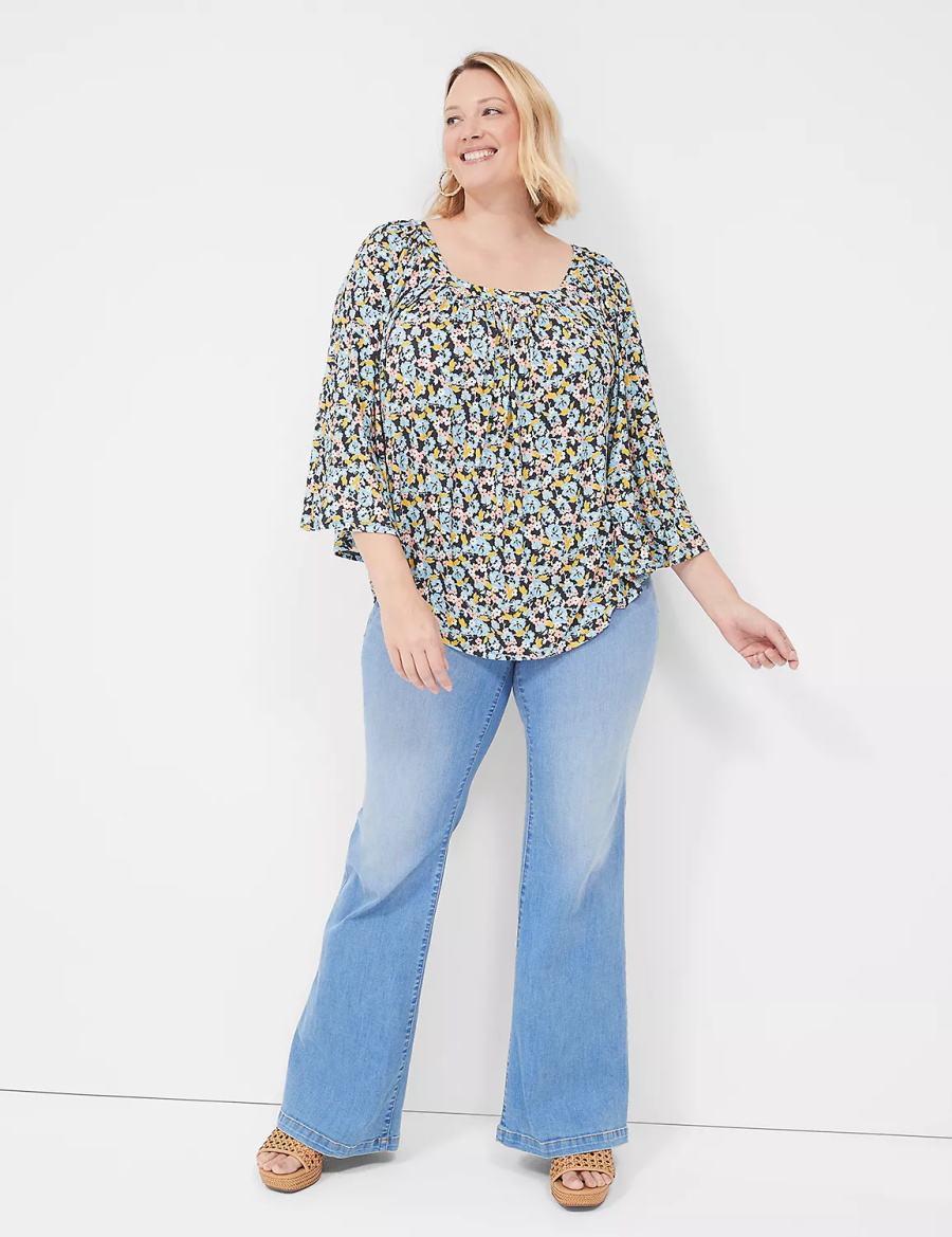 Women Lane Bryant Relaxed Square-Neck Trimmed Circle Drama Top Blouse Blue Coral | LGP5123LW