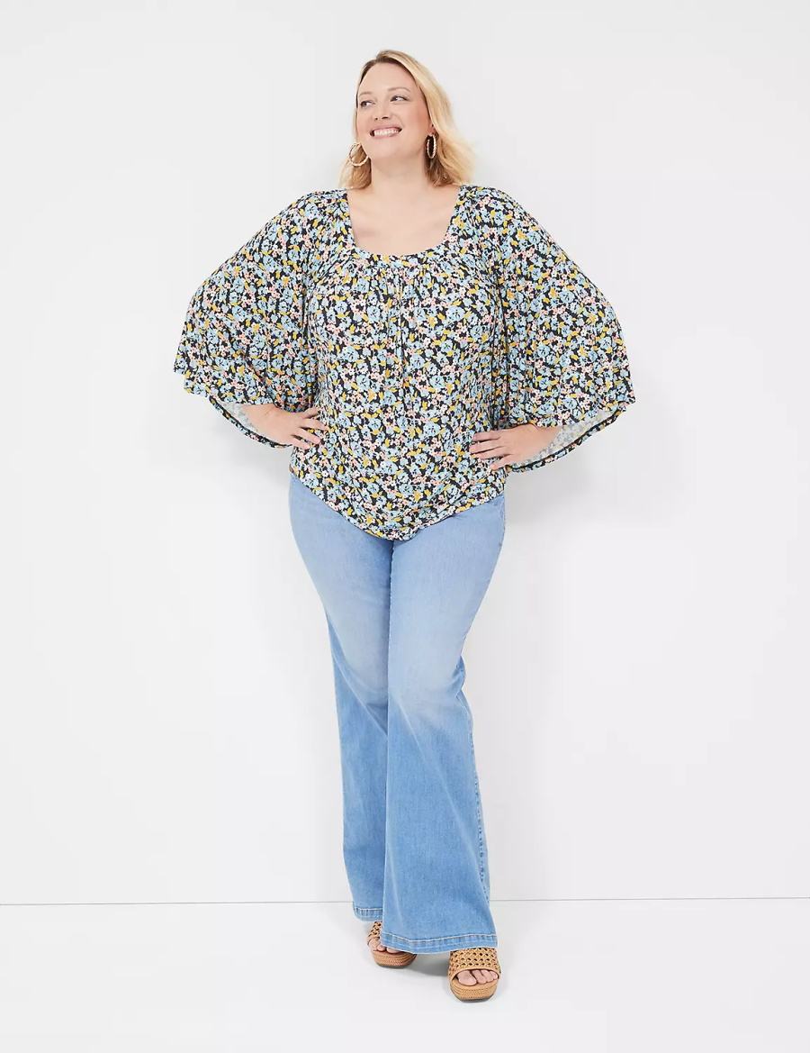 Women Lane Bryant Relaxed Square-Neck Trimmed Circle Drama Top Blouse Blue Coral | LGP5123LW