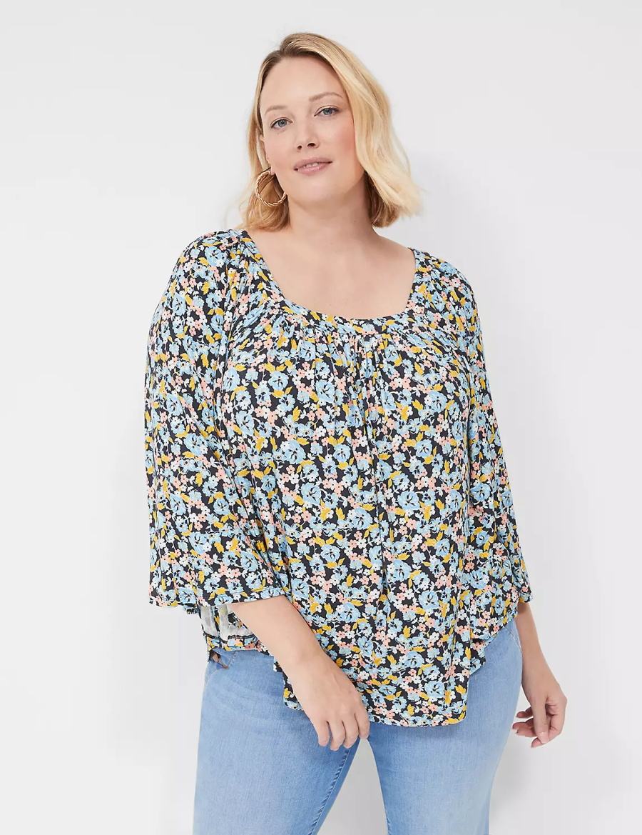 Women Lane Bryant Relaxed Square-Neck Trimmed Circle Drama Top Blouse Blue Coral | LGP5123LW