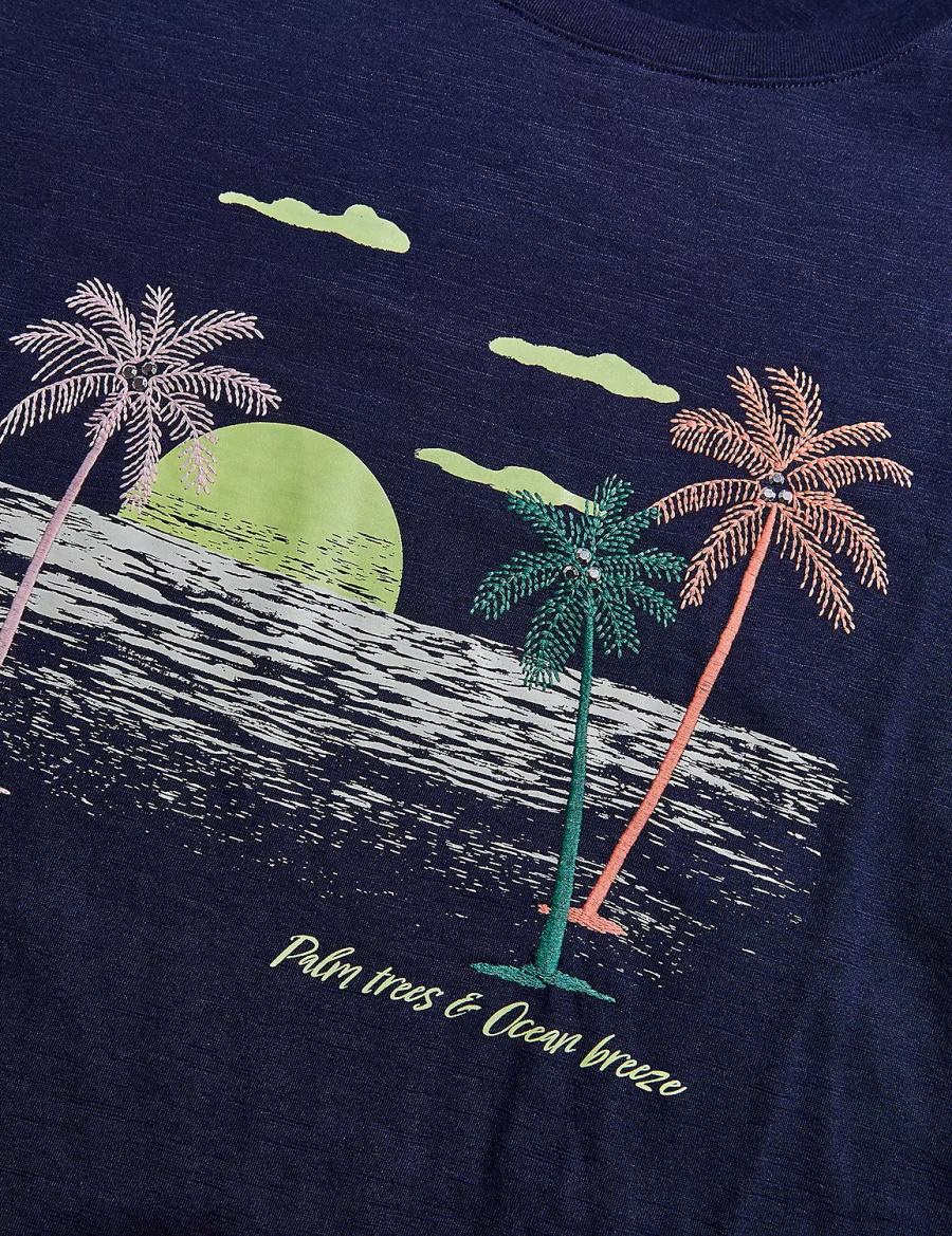 Women Lane Bryant Rhinestone Palm Trees & Ocean Breeze Graphic Tee T Shirts Blue | TTY569GB