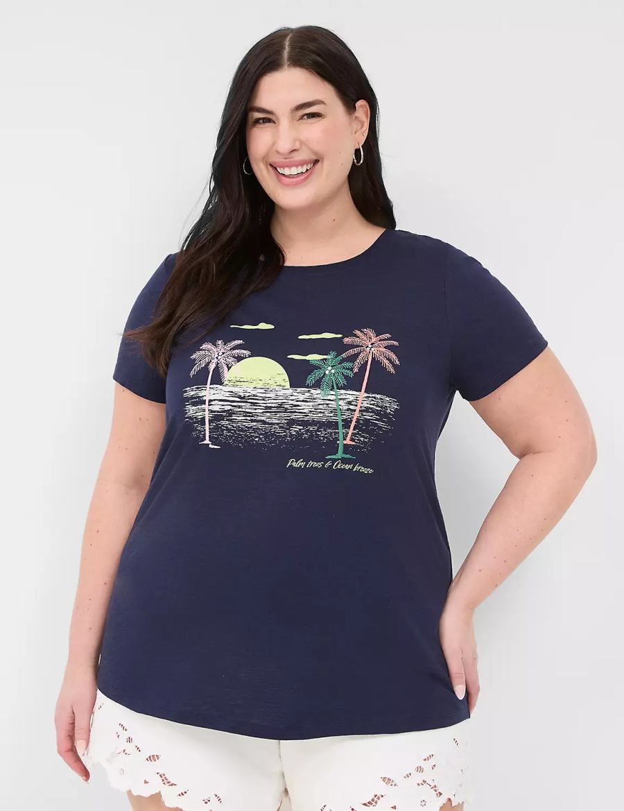 Women Lane Bryant Rhinestone Palm Trees & Ocean Breeze Graphic Tee T Shirts Blue | TTY569GB
