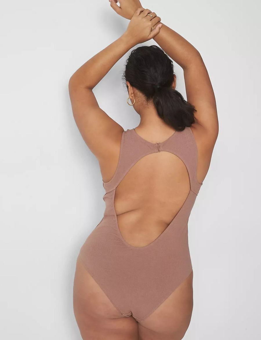 Women Lane Bryant Rib Open-Back Bodysuit Brown | ZHP4346YJ