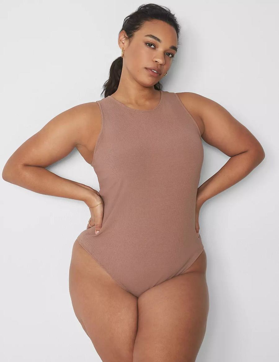Women Lane Bryant Rib Open-Back Bodysuit Brown | ZHP4346YJ