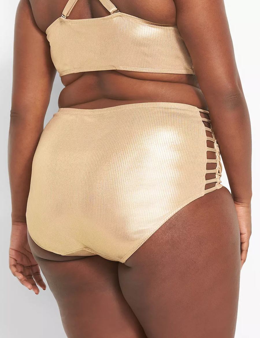 Women Lane Bryant Ribbed Ruched Strappy-Side Swim Briefs Beige | SXN221GR