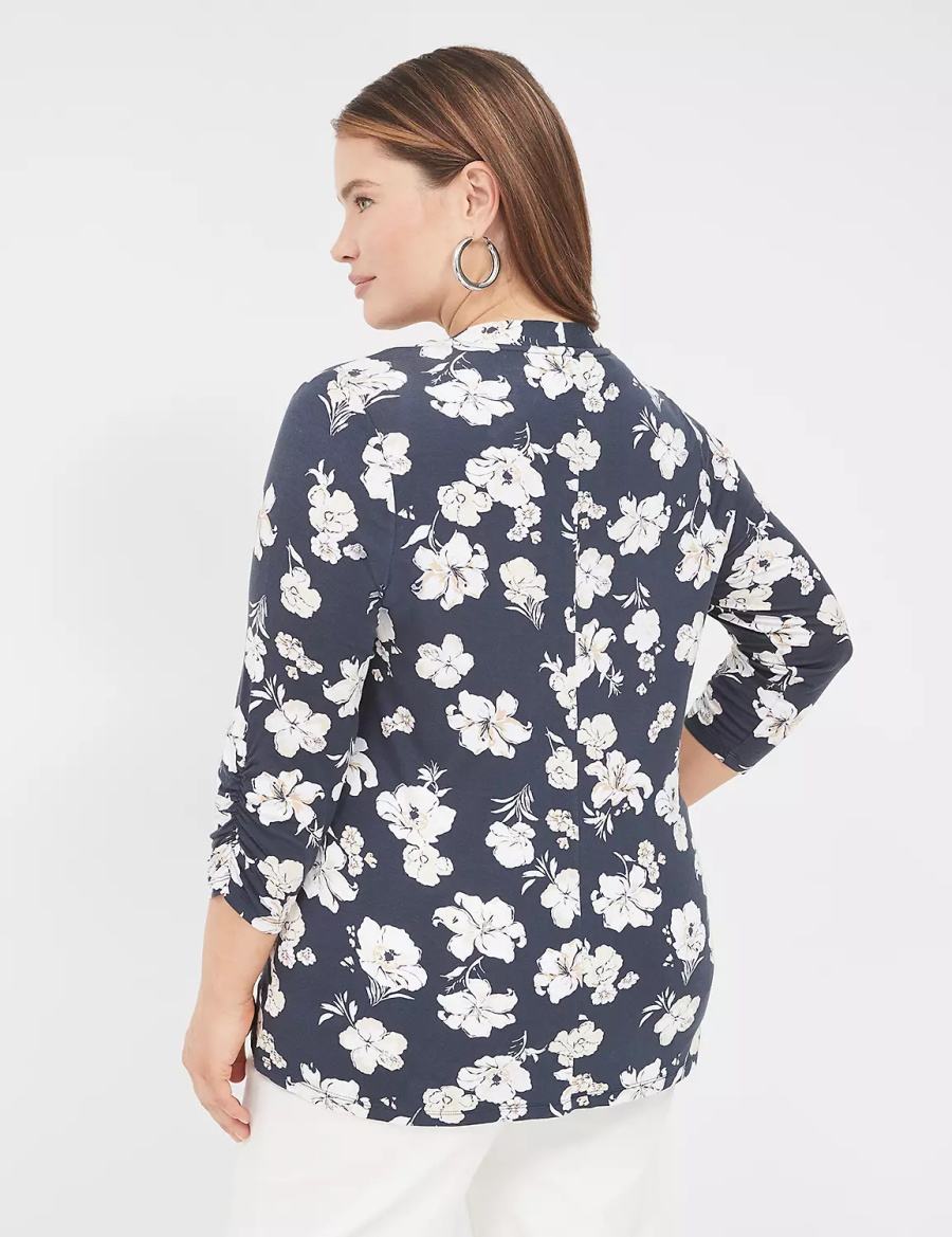 Women Lane Bryant Ruched 3/4-Sleeve Open-Front Overpiece Robe Navy | RUM9276UI