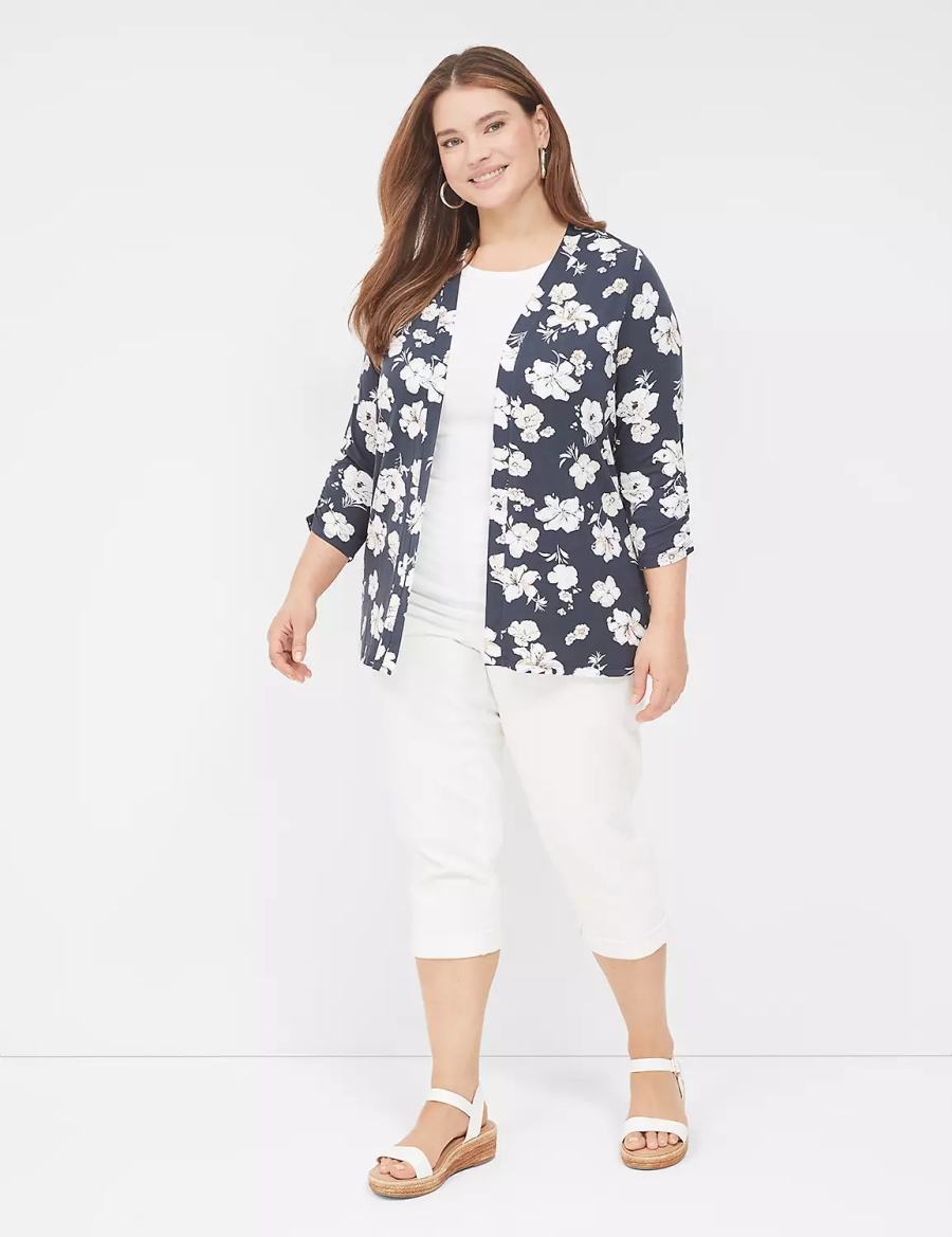 Women Lane Bryant Ruched 3/4-Sleeve Open-Front Overpiece Robe Navy | RUM9276UI