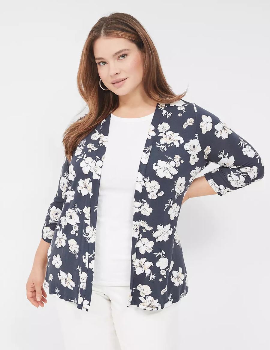 Women Lane Bryant Ruched 3/4-Sleeve Open-Front Overpiece Robe Navy | RUM9276UI
