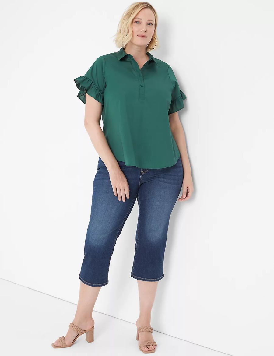 Women Lane Bryant Ruffle-Sleeve Button-Down Top T Shirts Green | KFY8539UF