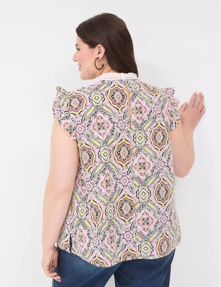 Women Lane Bryant Ruffle Cap-Sleeve Lace-Trim Top T Shirts Multicolor | CSE7828UD