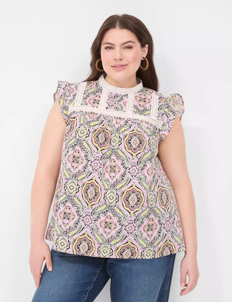 Women Lane Bryant Ruffle Cap-Sleeve Lace-Trim Top T Shirts Multicolor | CSE7828UD