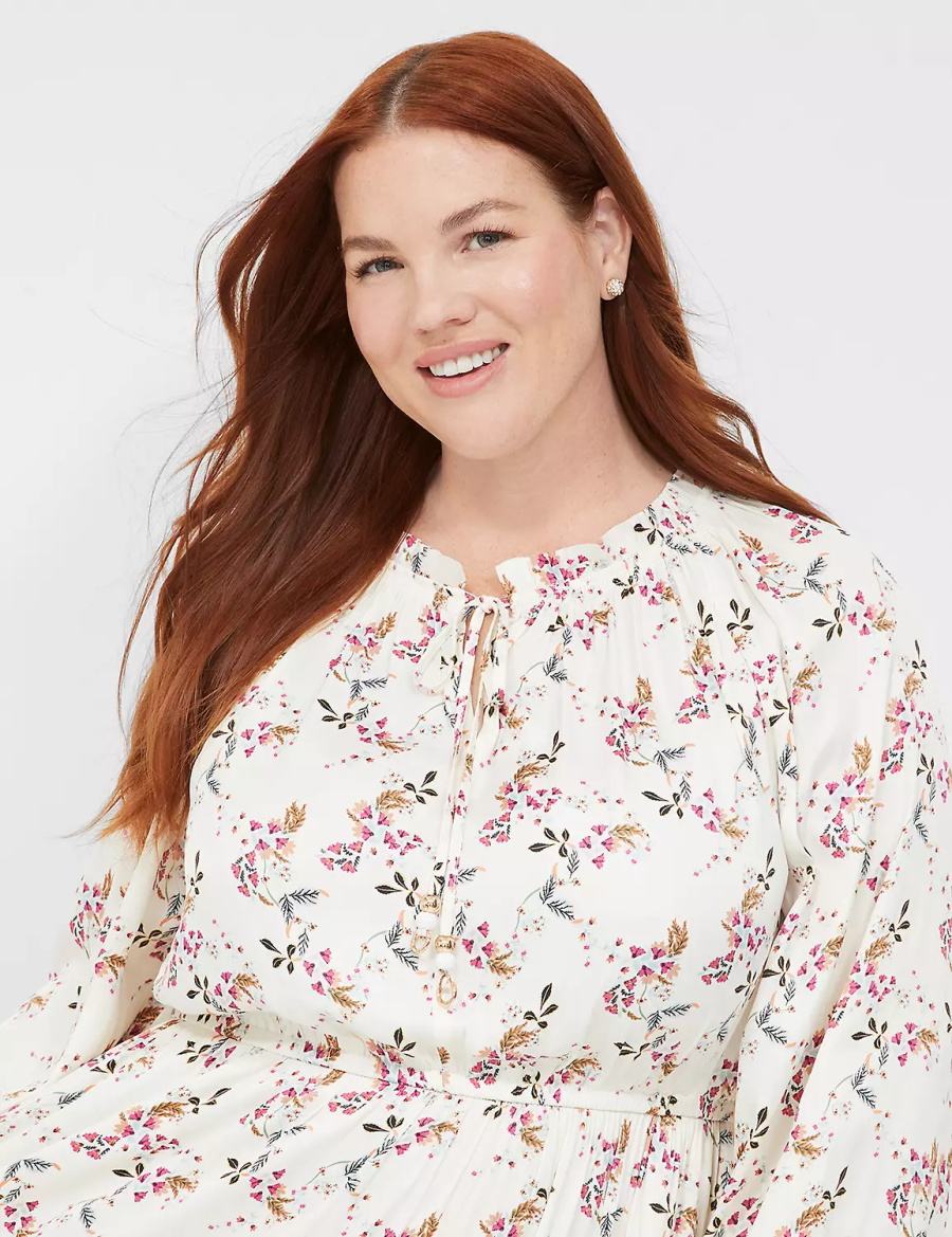 Women Lane Bryant Satin Blouson-Sleeve Tiered Midi Dress Cream Pink | EPH5599VY