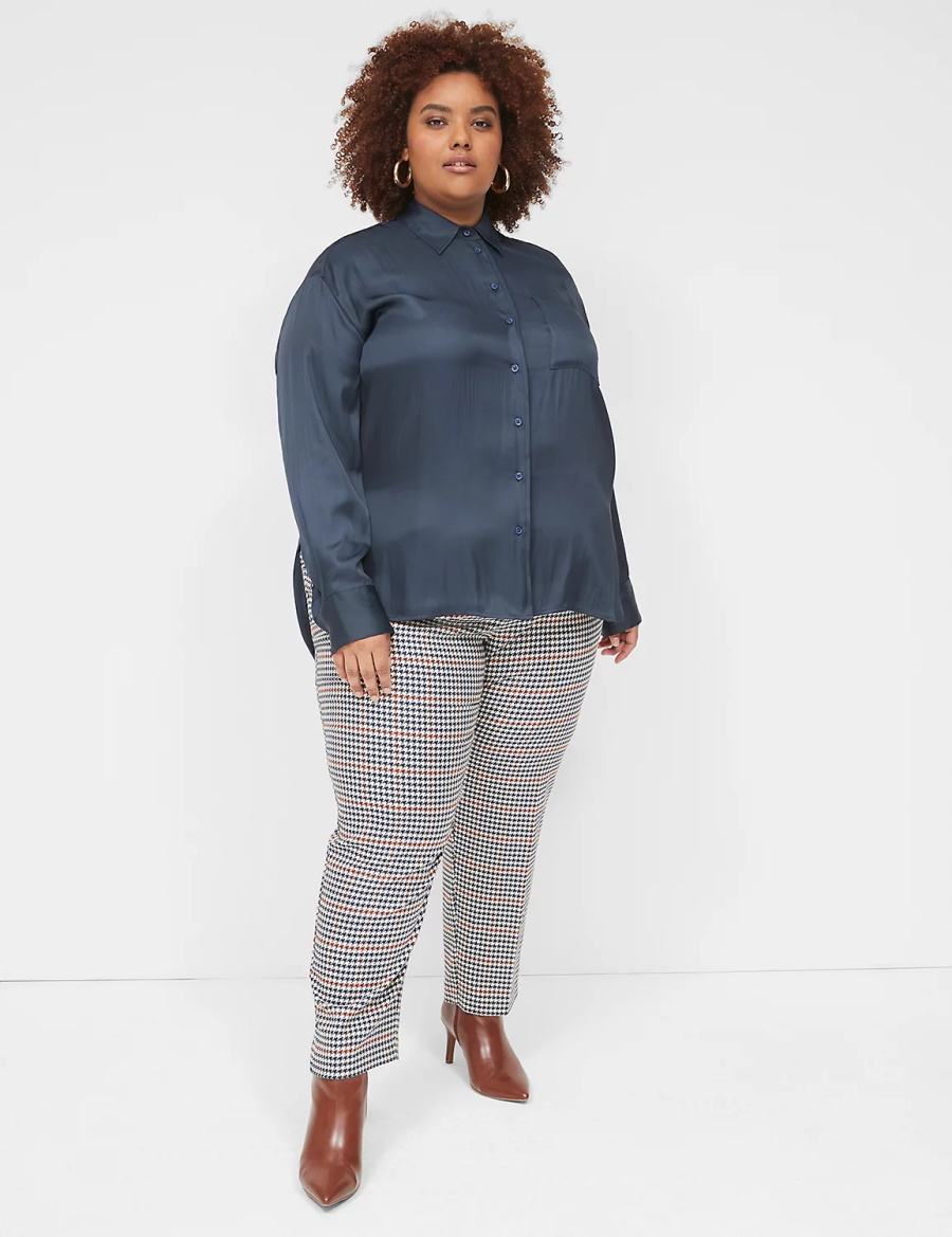 Women Lane Bryant Satin Button-Down Boyfriend Shirts Blue | NQI9651PP