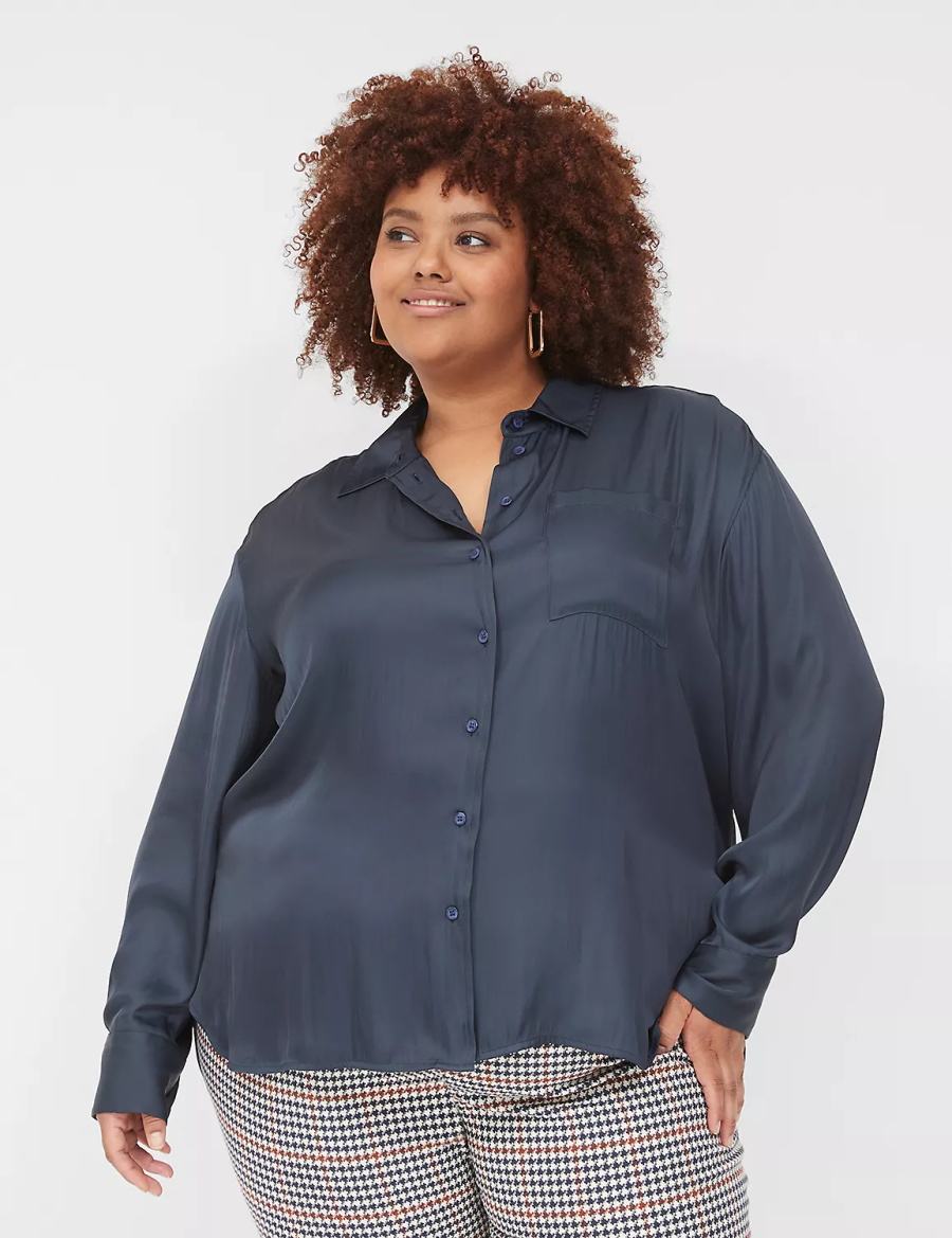 Women Lane Bryant Satin Button-Down Boyfriend Shirts Blue | NQI9651PP