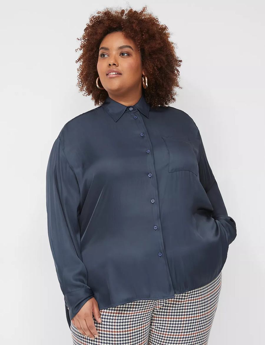 Women Lane Bryant Satin Button-Down Boyfriend Shirts Blue | NQI9651PP