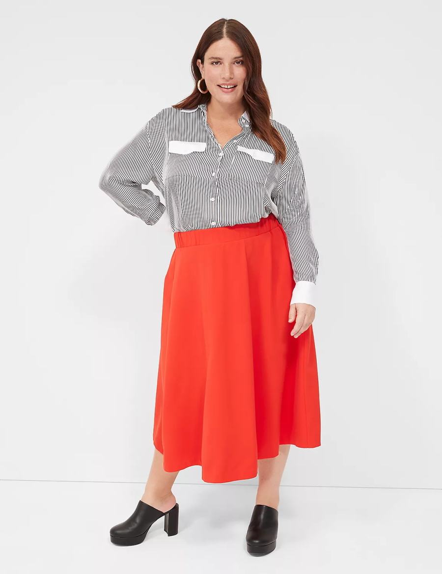 Women Lane Bryant Satin Button-Down Boyfriend Shirts Black White Stripes | XXF376HN