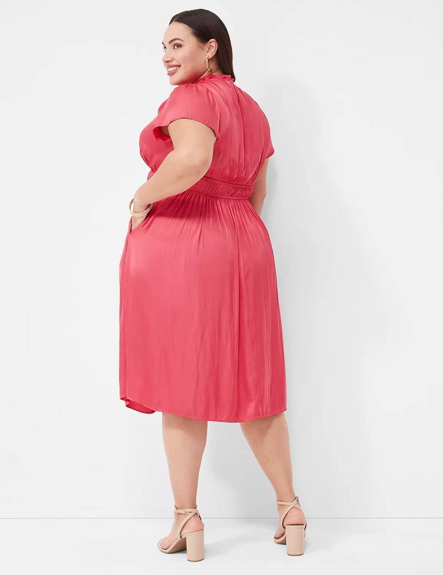 Women Lane Bryant Satin Flutter-Sleeve Ruffle V-Neck Midi Dress Pink | JNN4226PX