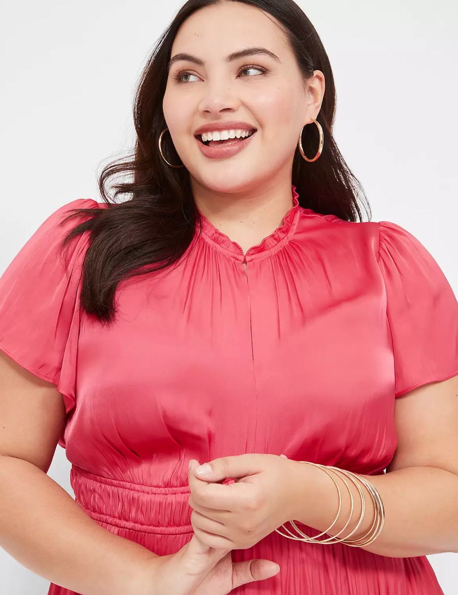 Women Lane Bryant Satin Flutter-Sleeve Ruffle V-Neck Midi Dress Pink | JNN4226PX