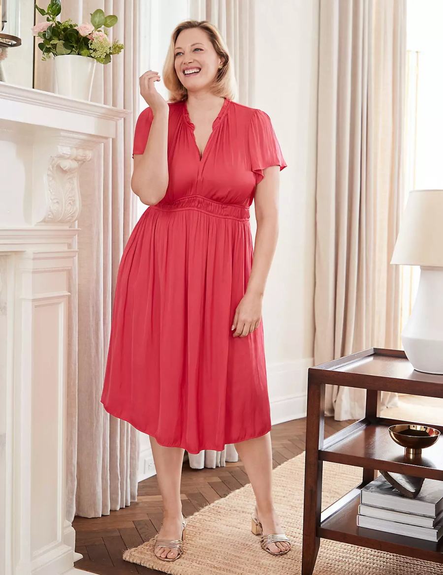 Women Lane Bryant Satin Flutter-Sleeve Ruffle V-Neck Midi Dress Pink | JNN4226PX