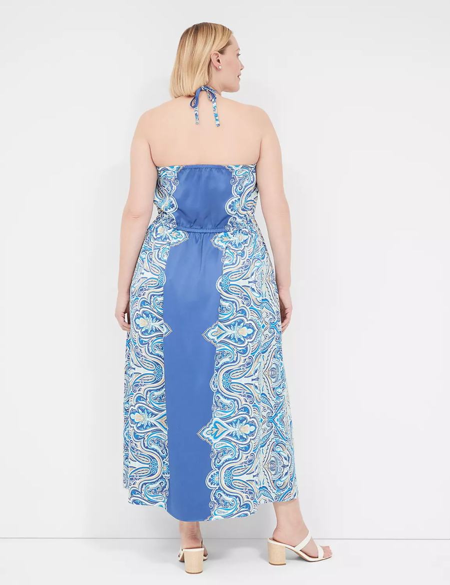 Women Lane Bryant Satin Halter-Neck Maxi Dress Blue | BGB7462ZK