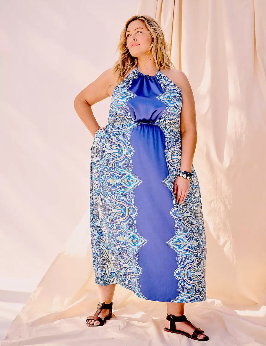 Women Lane Bryant Satin Halter-Neck Maxi Dress Blue | BGB7462ZK