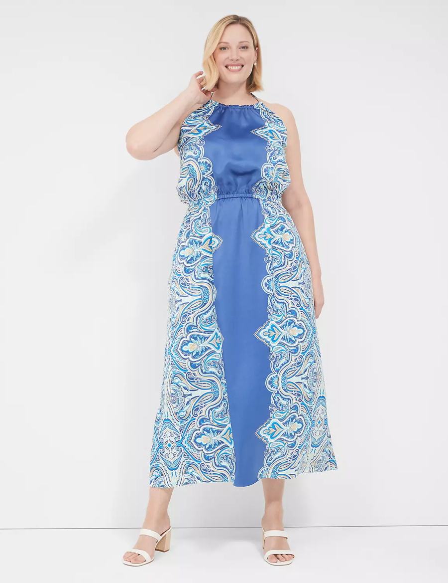Women Lane Bryant Satin Halter-Neck Maxi Dress Blue | BGB7462ZK