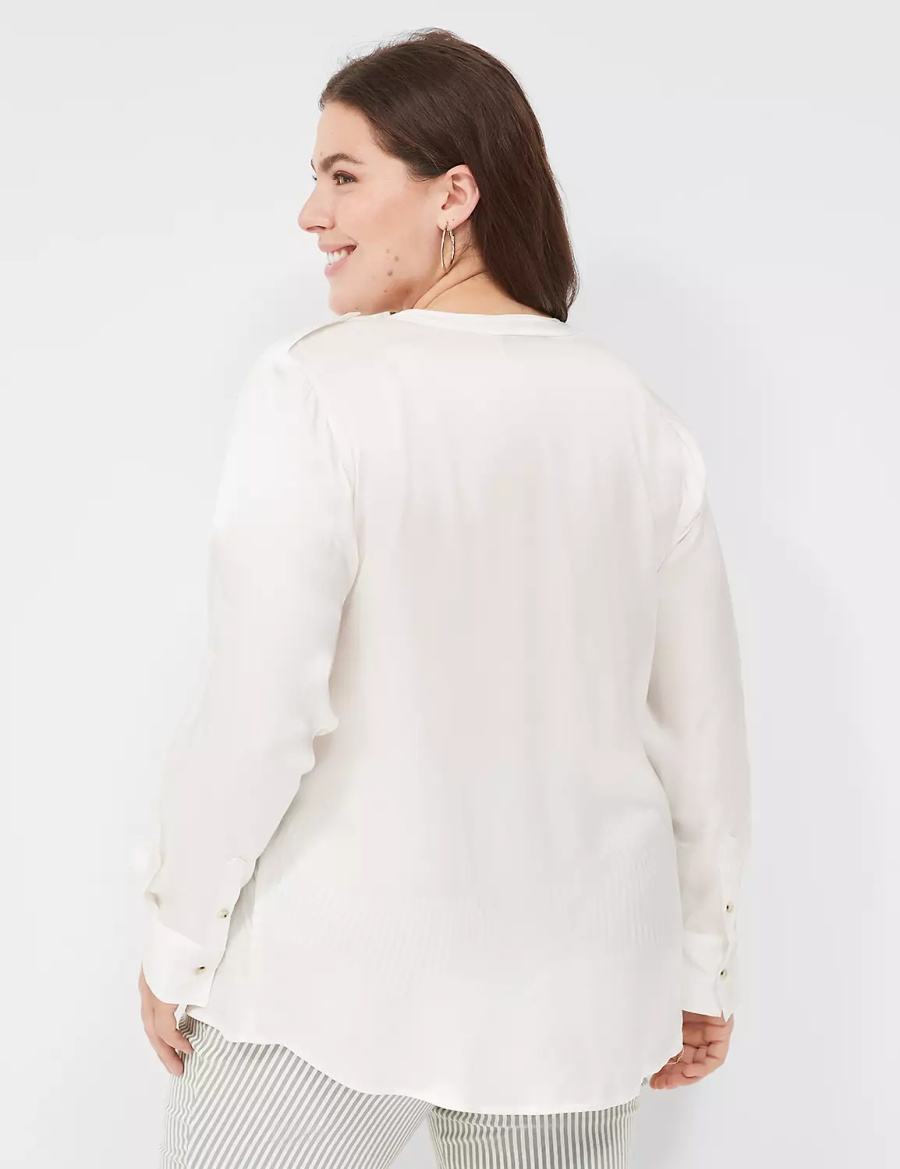 Women Lane Bryant Satin Long-Sleeve Button-Front Blouse White Rose | PUO6888ZU