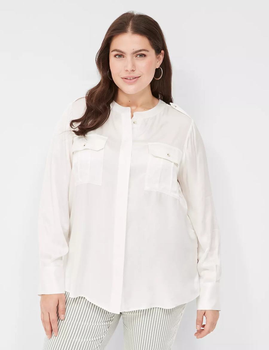 Women Lane Bryant Satin Long-Sleeve Button-Front Blouse White Rose | PUO6888ZU