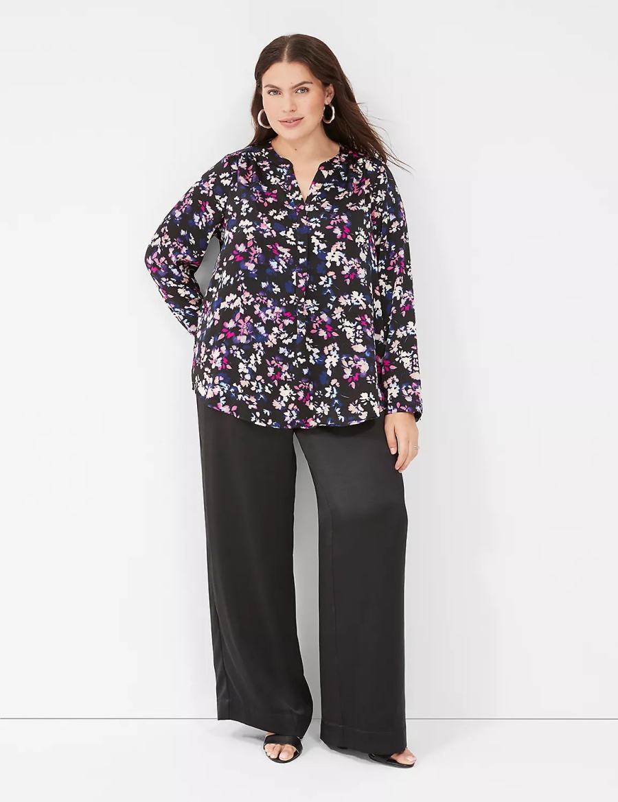 Women Lane Bryant Satin Ruched-Shoulder Blouse Black Multicolor | CAE3235SJ