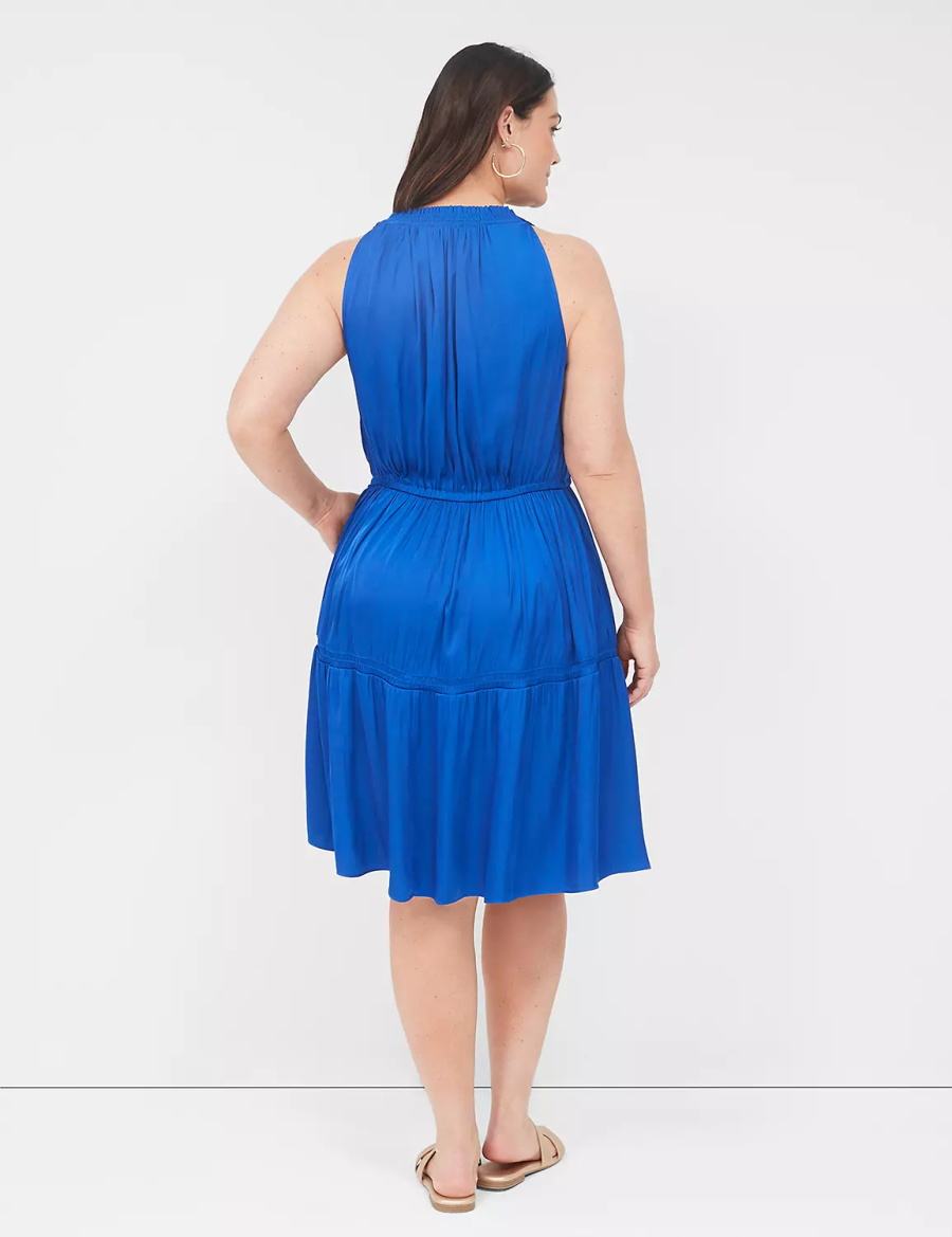 Women Lane Bryant Satin Smocked-Neck Tie-Waist Casual Dress Blue | MVA272AW