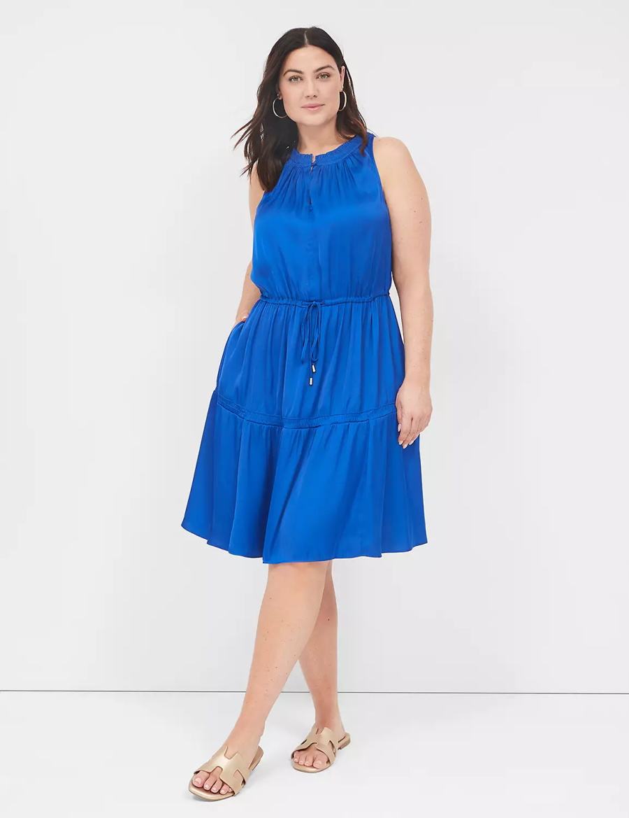 Women Lane Bryant Satin Smocked-Neck Tie-Waist Casual Dress Blue | MVA272AW