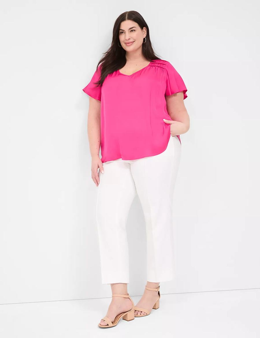 Women Lane Bryant Satin Smocked-Shoulder Blouse Pink | VUI6620ML